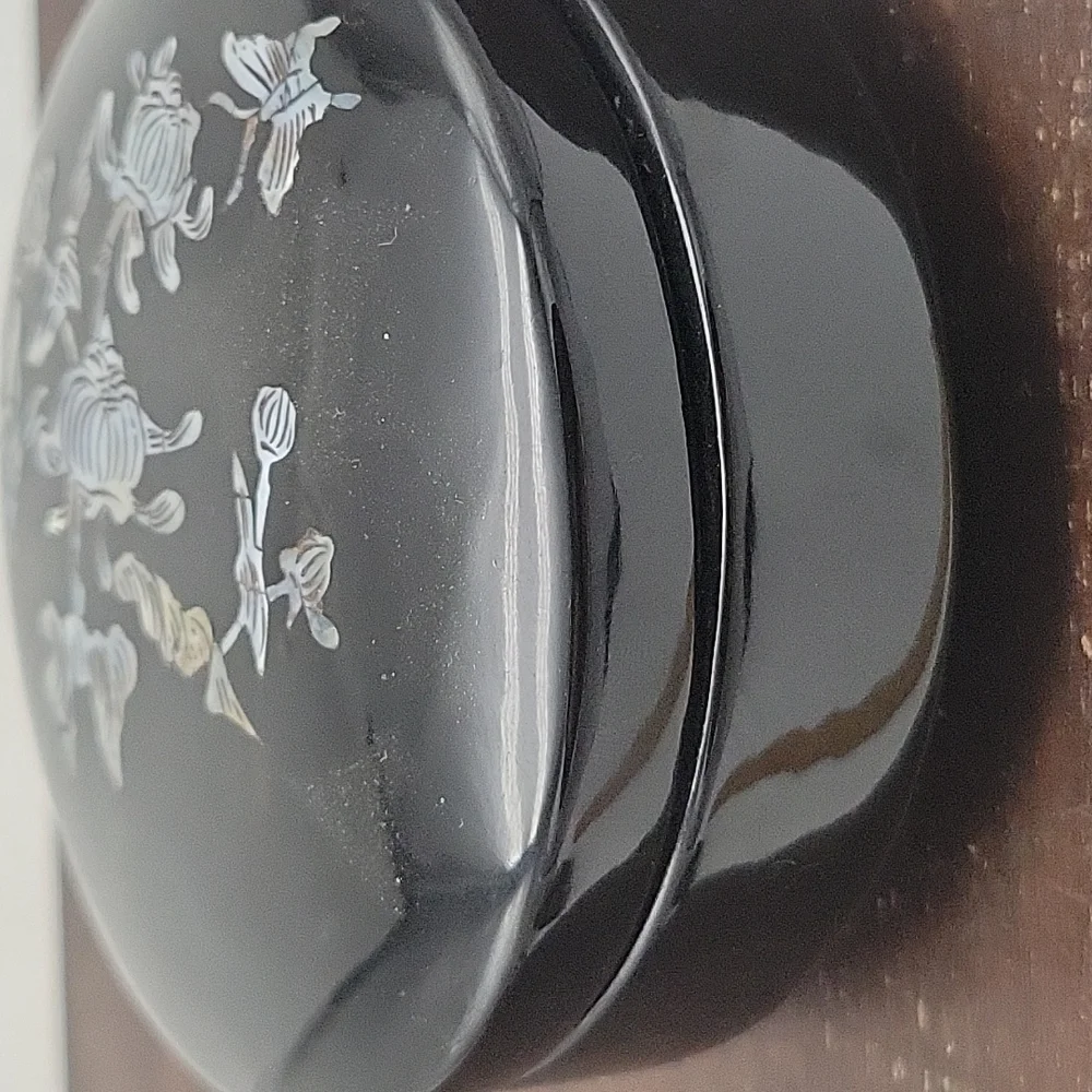 Vtg Black Lacquer Box Lid Mother of Pearl Inlaid Bird Butterfly Trinket Jewelry